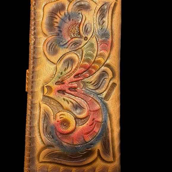 Vintage 70s tooled leather handpainted wallet - Picture 3 of 7